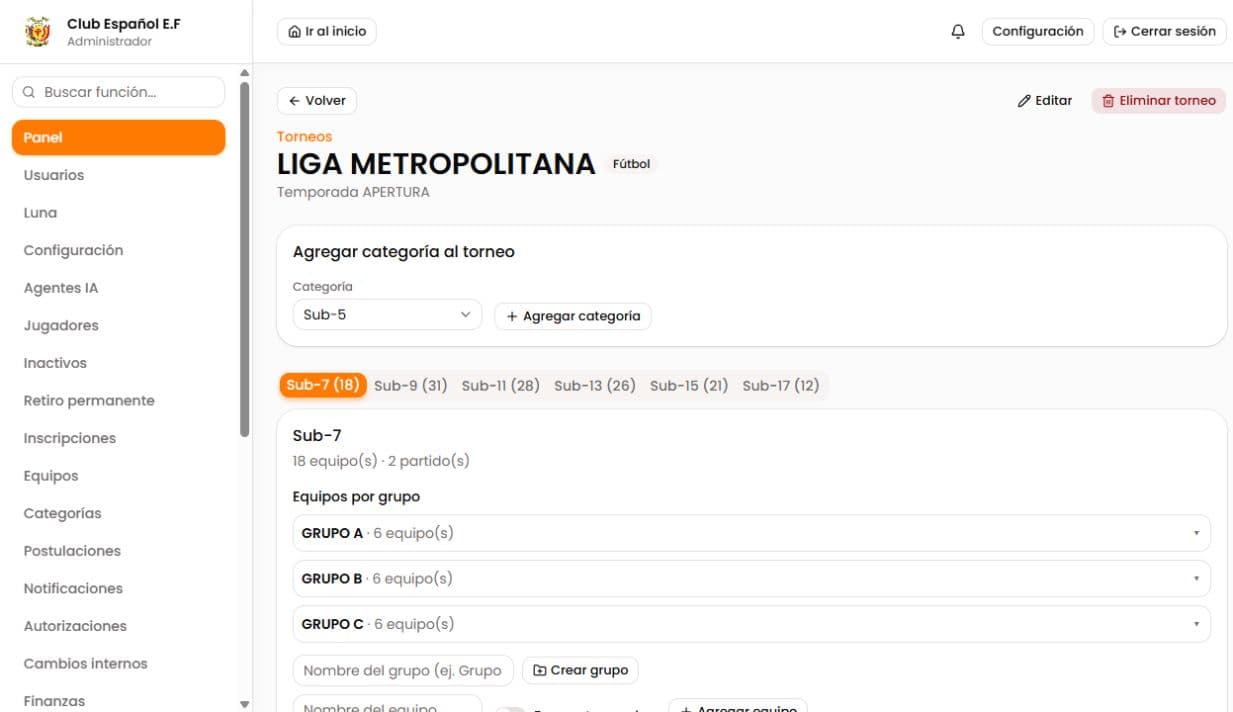 Torneos y estadísticas en LUNA Football