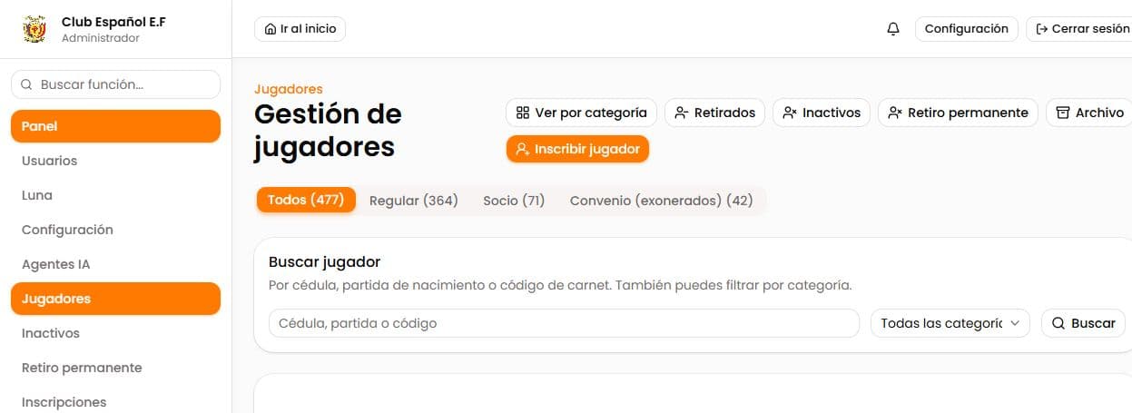 Gestión real de jugadores con filtros y categorías en LUNA Football