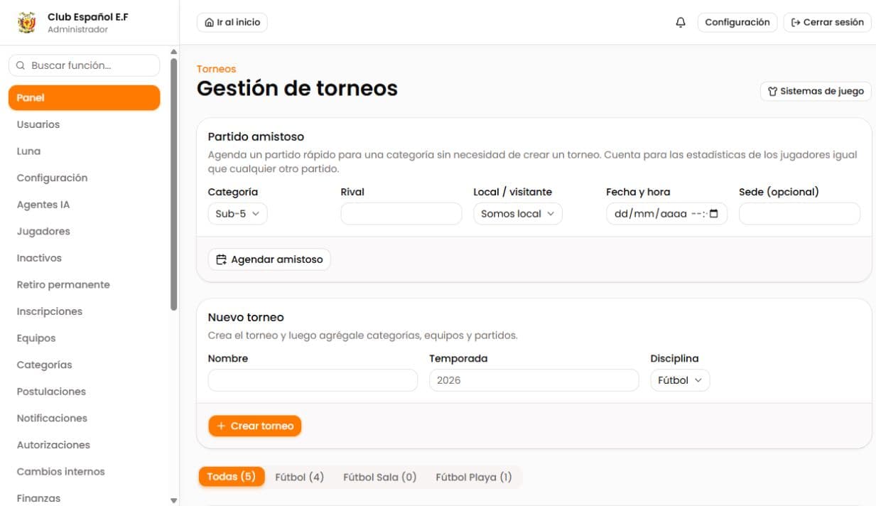 Gestión real de torneos y partidos amistosos en LUNA Football
